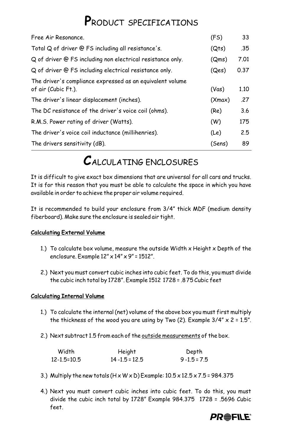 Roduct, Specifications, Alculating enclosures | Profile CZ12 User Manual | Page 3 / 4