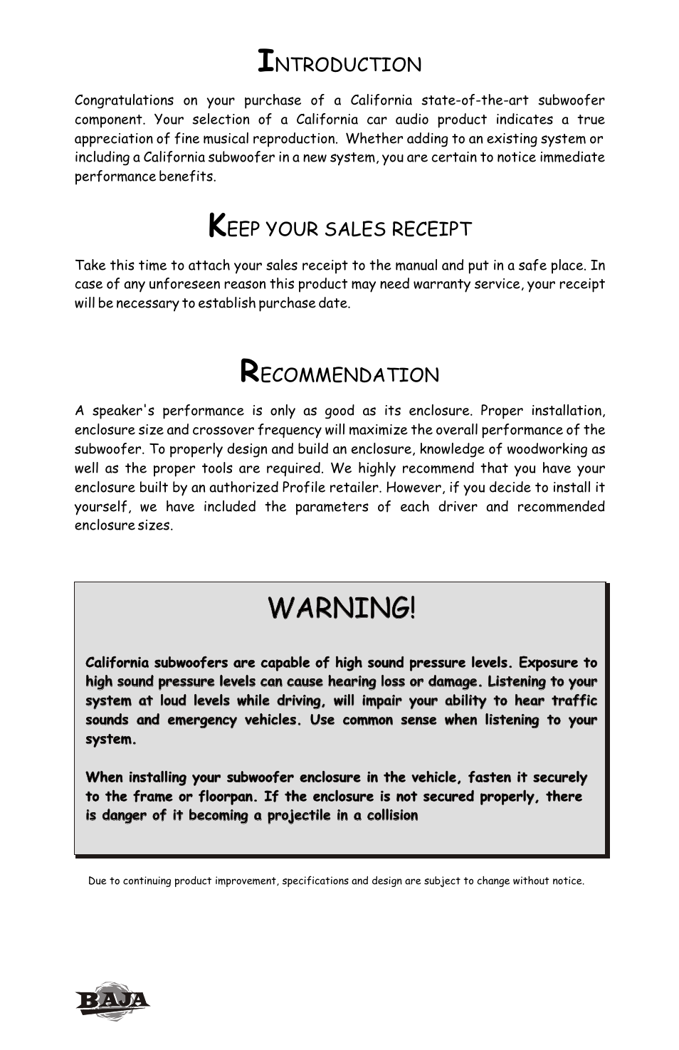 Warning | Profile BAJA BX12 User Manual | Page 2 / 4