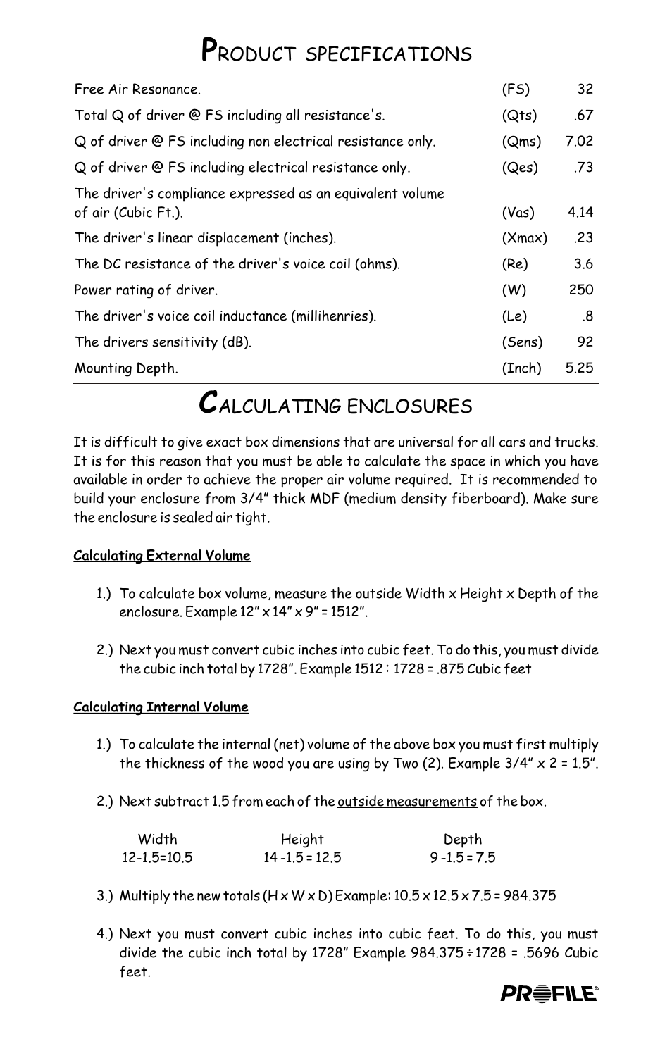 Roduct, Specifications, Alculating enclosures | Profile BAJA BX12 User Manual | Page 3 / 4