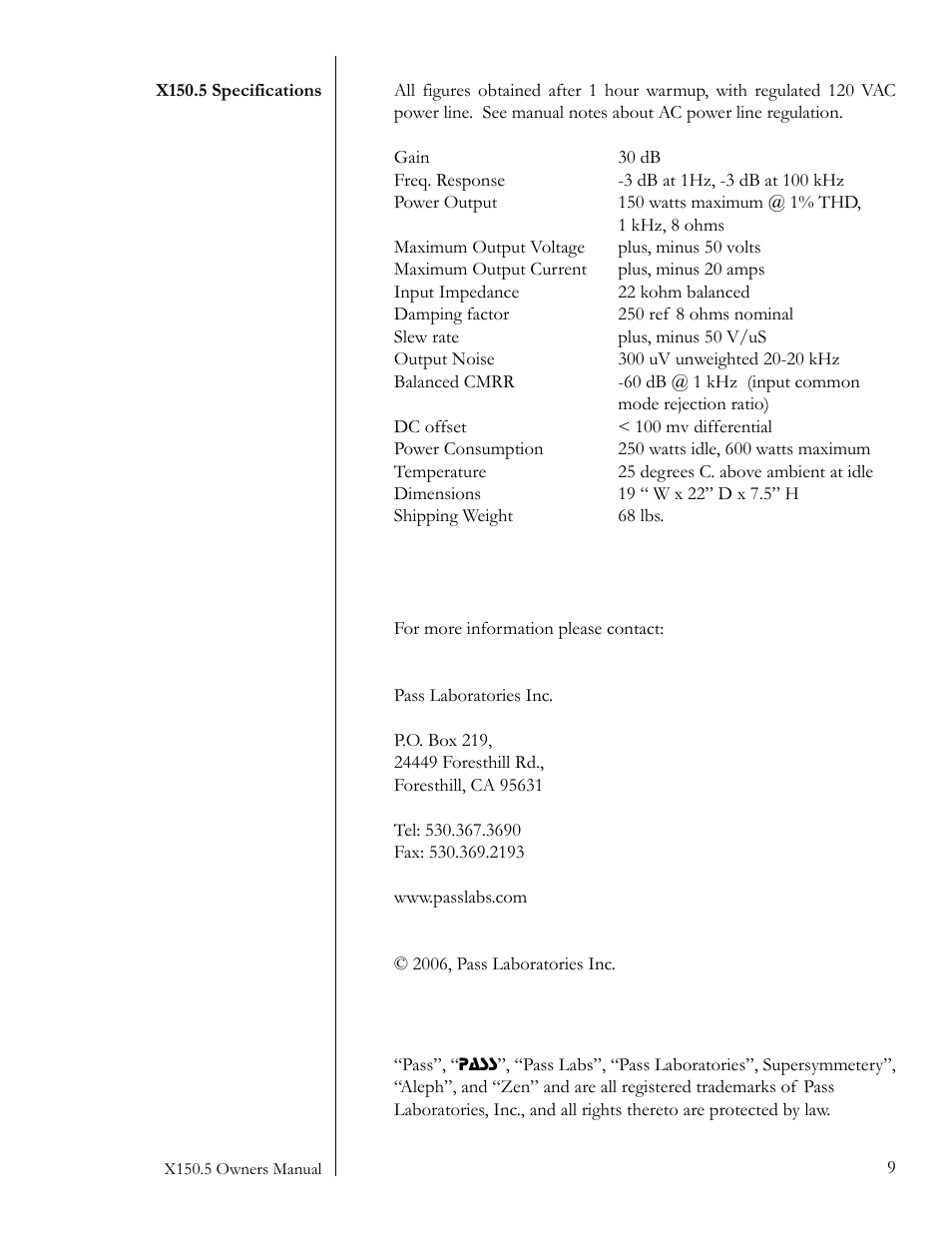 Pass Labs X150.5 User Manual | Page 9 / 11
