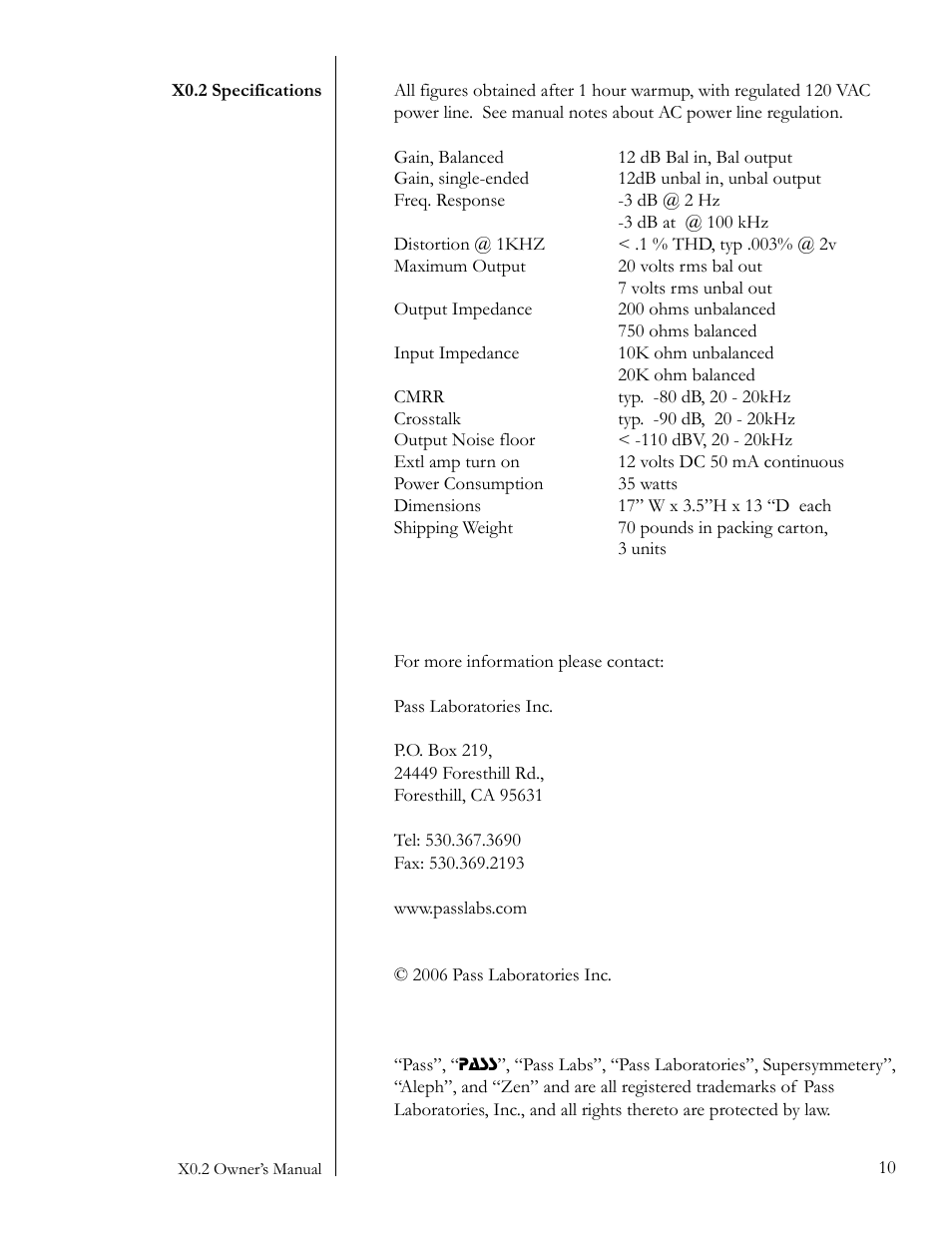 Pass Labs pre-amplifier User Manual | Page 10 / 12