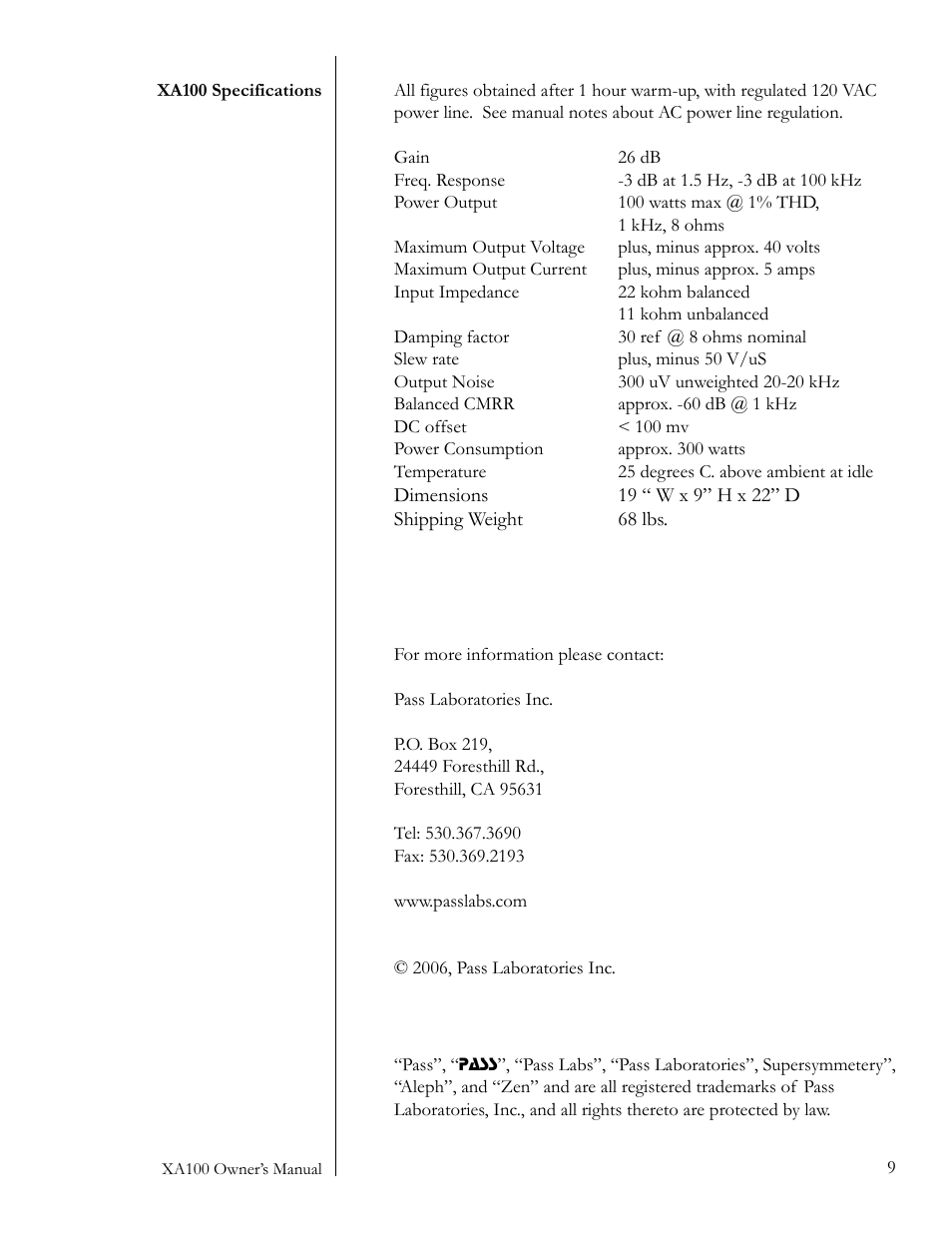 Pass Labs XA100 User Manual | Page 9 / 14