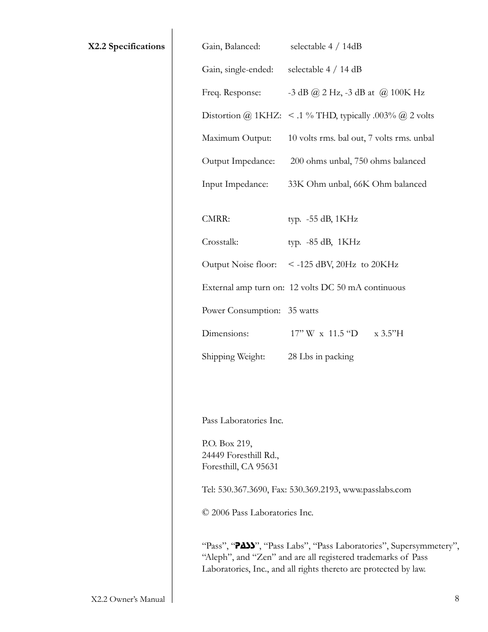 Pass Labs X2.2 User Manual | Page 8 / 10