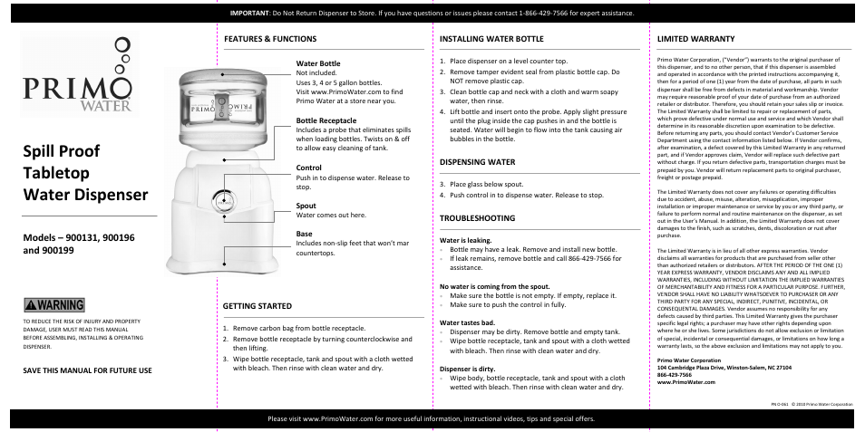 Primo Water 900196 User Manual | 2 pages