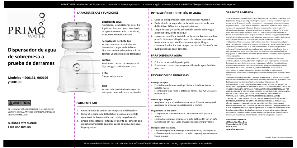 Instalación del botellón de agua, Para dispensar agua, Resolución de problemas | Garantía limitada, Características y funciones, Para empezar | Primo Water 900196 User Manual | Page 2 / 2