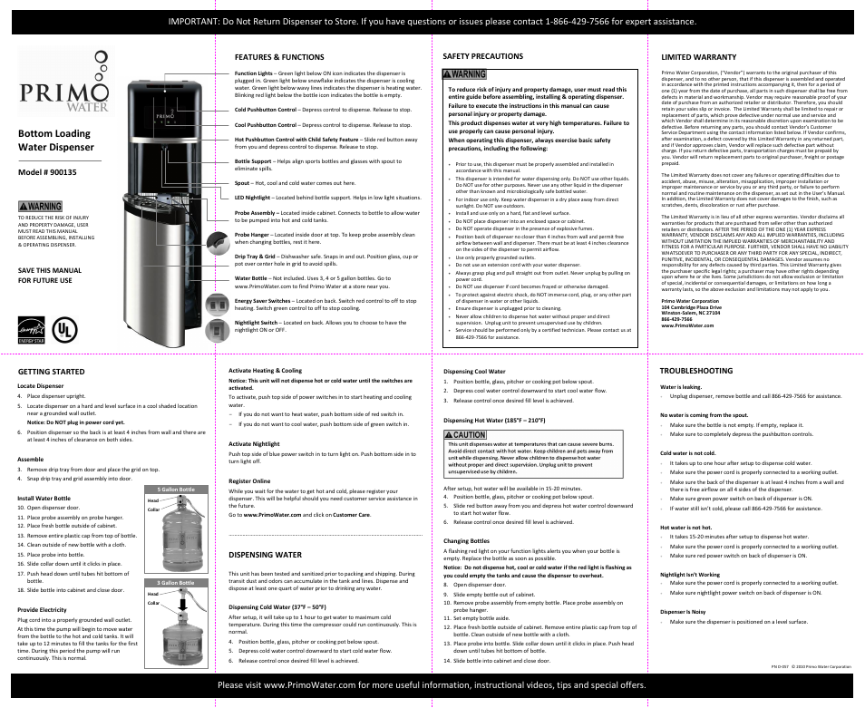 Primo Water UL 900135 User Manual | 2 pages