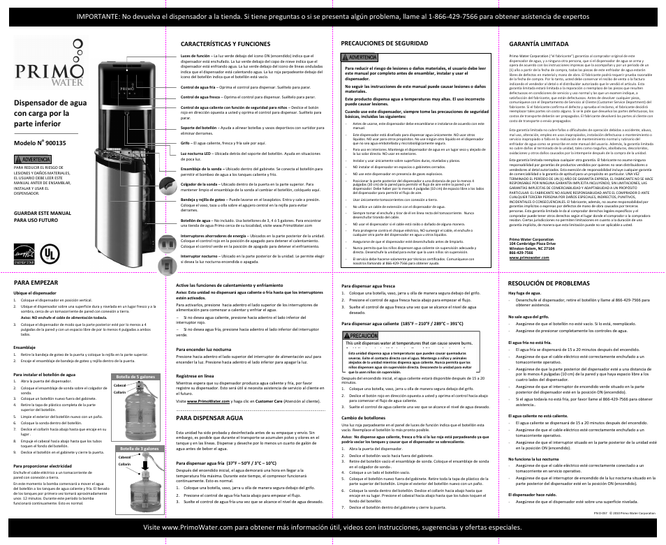 Garantía limitada, Precauciones de seguridad, Modelo n | Características y funciones, Para empezar, Resolución de problemas, Para dispensar agua | Primo Water UL 900135 User Manual | Page 2 / 2