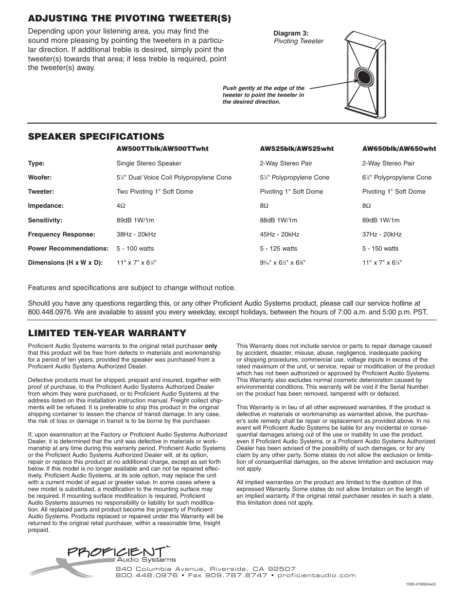 Speaker specifications, Limited ten-year warranty, Adjusting the pivoting tweeter(s) | Proficient Audio Systems AW650blk User Manual | Page 2 / 2