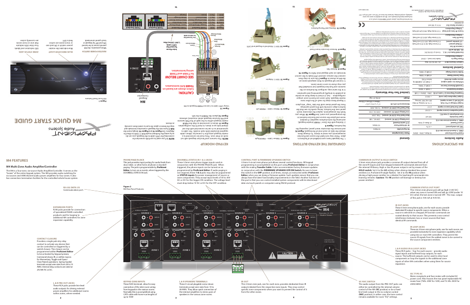 M4 qu ick sta rt gu id e, Cau tio n, See ch art be low | M4 spe cif ica tio ns, Key pad h oo ku p, Co nfi gu re th e k eyp ad bu tto ns, M4 features, Aud io sec tio ns, Con tro l se cti ons, Gen era l | Proficient Audio Systems M4 User Manual | Page 2 / 5