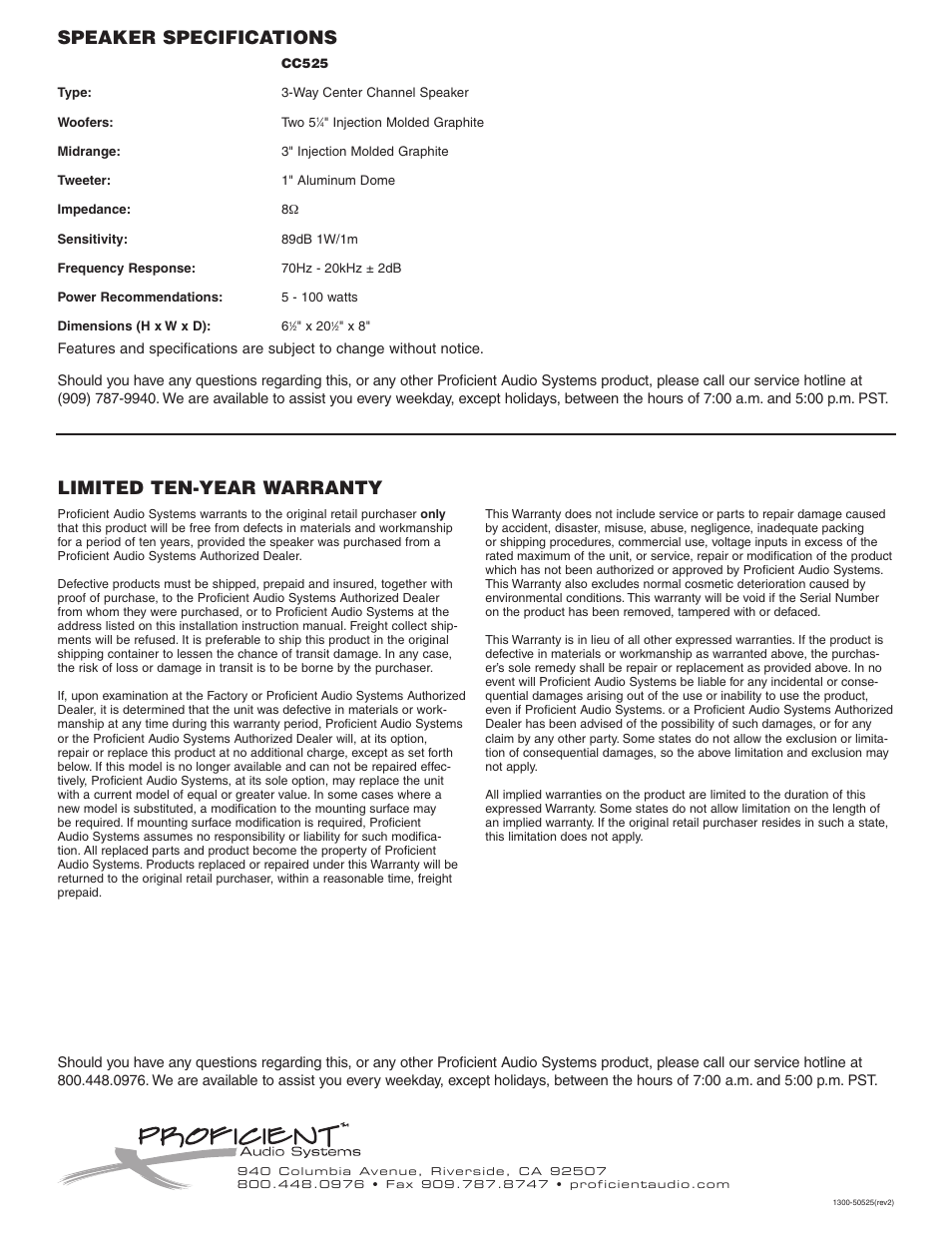 Speaker specifications, Limited ten-year warranty | Proficient Audio Systems CC525 User Manual | Page 2 / 2