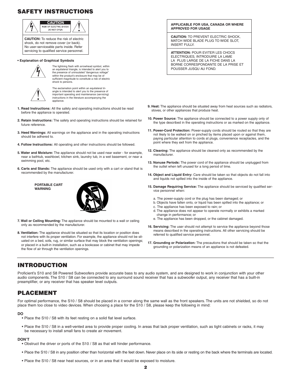 Introduction, Placement, Safety instructions | Proficient Audio Systems S8 User Manual | Page 2 / 4