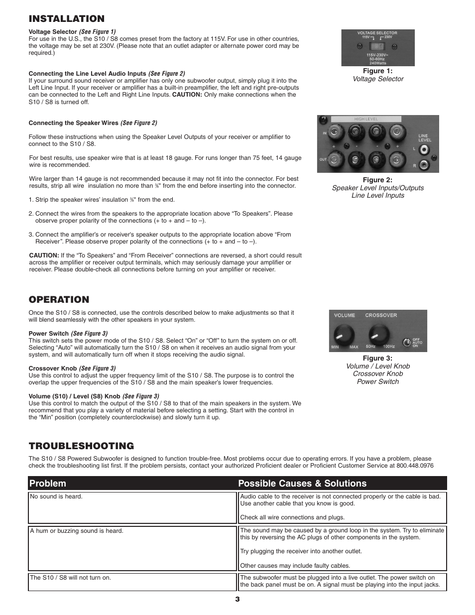 Installation, Operation, Troubleshooting | Problem possible causes & solutions | Proficient Audio Systems S8 User Manual | Page 3 / 4