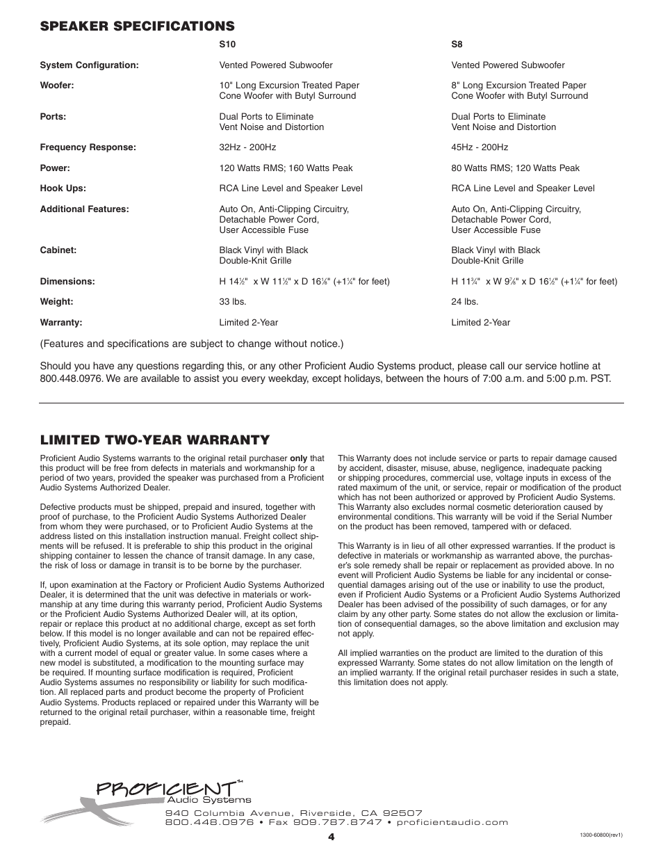 Speaker specifications, Limited two-year warranty | Proficient Audio Systems S8 User Manual | Page 4 / 4