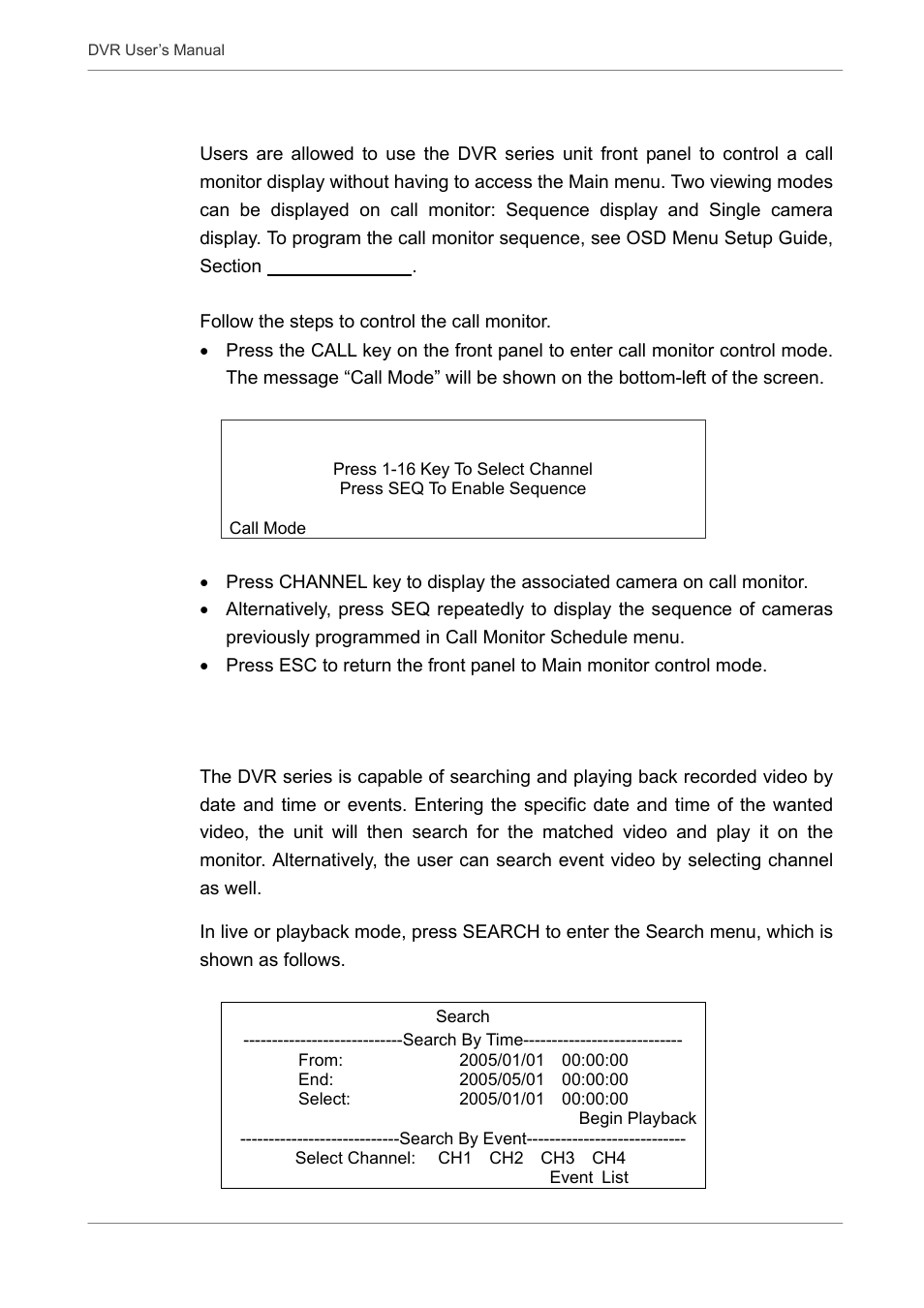 3 searching recorded video, 2 sequence with call monitor (8ch and 16ch only) | Proficient Audio Systems 00P3DG090DSEB3 User Manual | Page 29 / 64