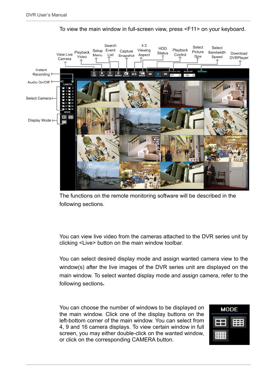 1 to view live video, 1 selecting display mode | Proficient Audio Systems 00P3DG090DSEB3 User Manual | Page 45 / 64
