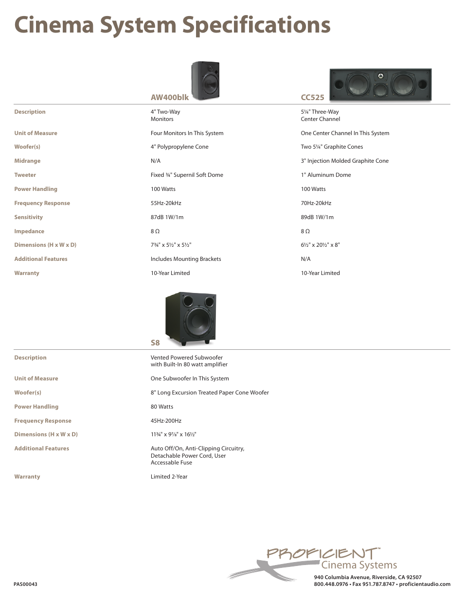 Cinema system specifications, Cinema systems | Proficient Audio Systems Cinema System AW400 User Manual | Page 2 / 2