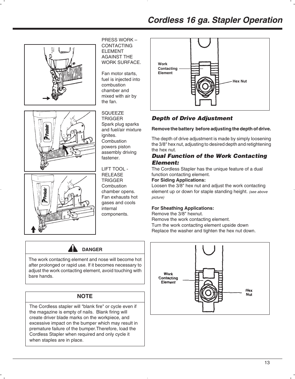 Cordless 16 ga. stapler operation | Paslode 900078 User Manual | Page 14 / 38