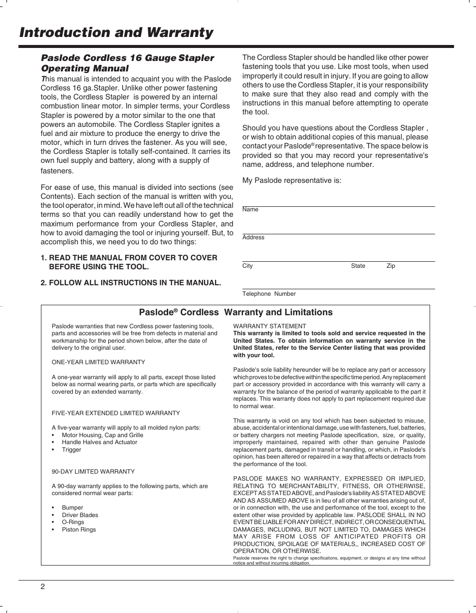 Introduction and warranty, Paslode cordless 16 gauge stapler operating manual, Paslode | Cordless warranty and limitations | Paslode 900078 User Manual | Page 3 / 38