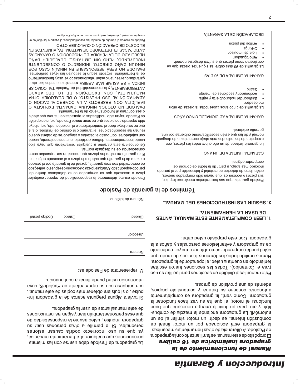 Introduccíon y garantía, Términos de la garantía de paslode | Paslode 900078 User Manual | Page 36 / 38