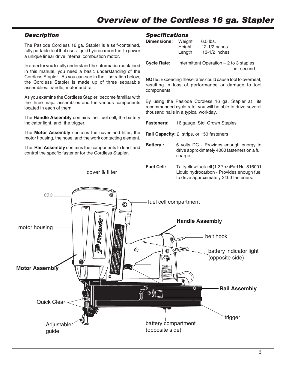 Overview of the cordless 16 ga. stapler | Paslode 900078 User Manual | Page 4 / 38