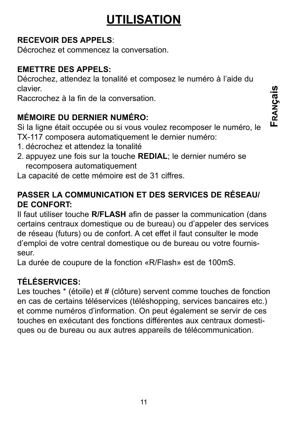 Utilisation, Çais | Profoon Telecommunicatie TX-117 User Manual | Page 11 / 45