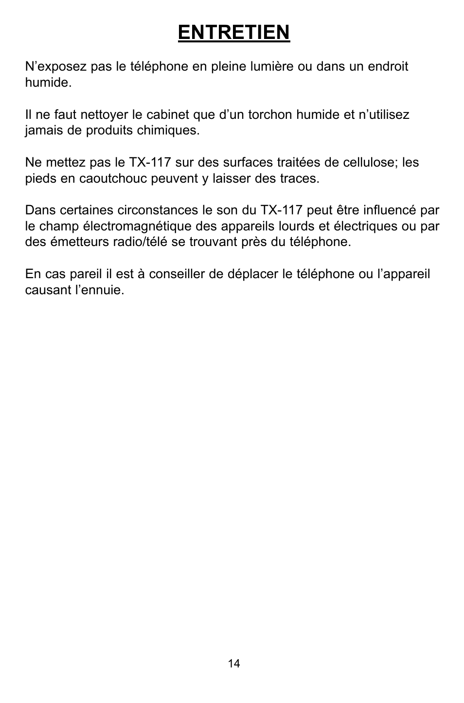 Entretien | Profoon Telecommunicatie TX-117 User Manual | Page 14 / 45