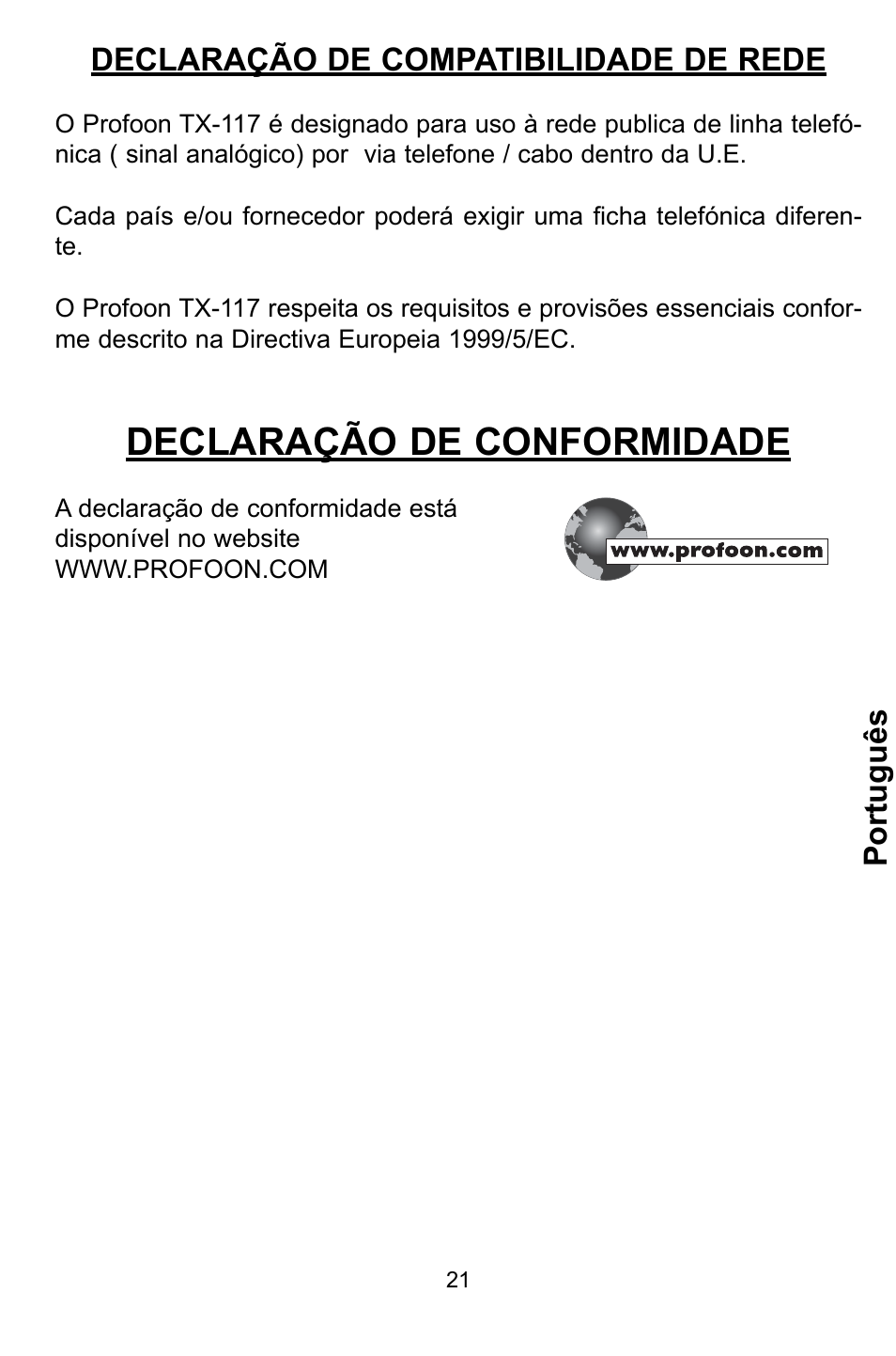 Declaração de conformidade | Profoon Telecommunicatie TX-117 User Manual | Page 21 / 45
