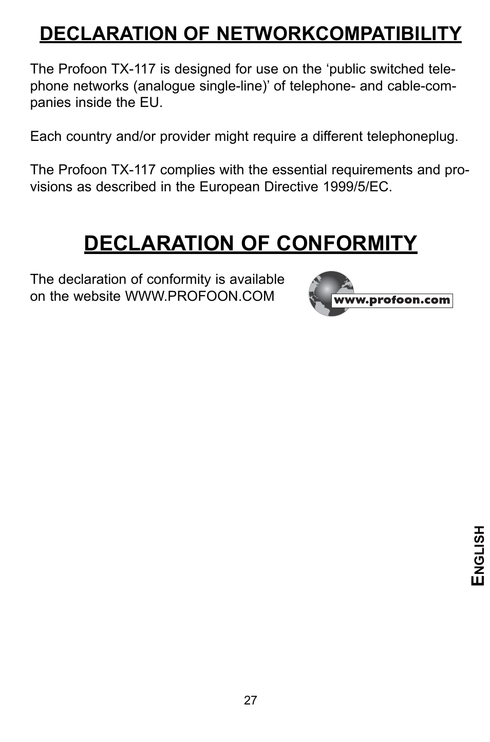 Declaration of conformity, Declaration of networkcompatibility | Profoon Telecommunicatie TX-117 User Manual | Page 27 / 45