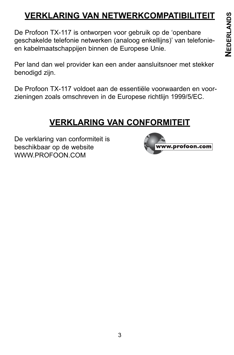 Verklaring van netwerkcompatibiliteit, Verklaring van conformiteit | Profoon Telecommunicatie TX-117 User Manual | Page 3 / 45