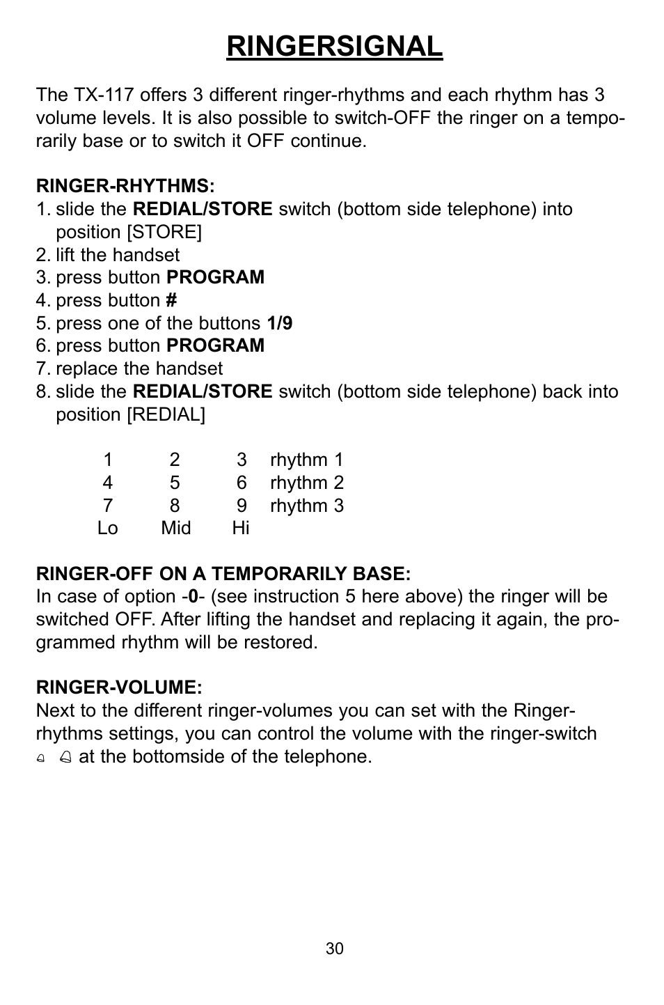 Ringersignal | Profoon Telecommunicatie TX-117 User Manual | Page 30 / 45
