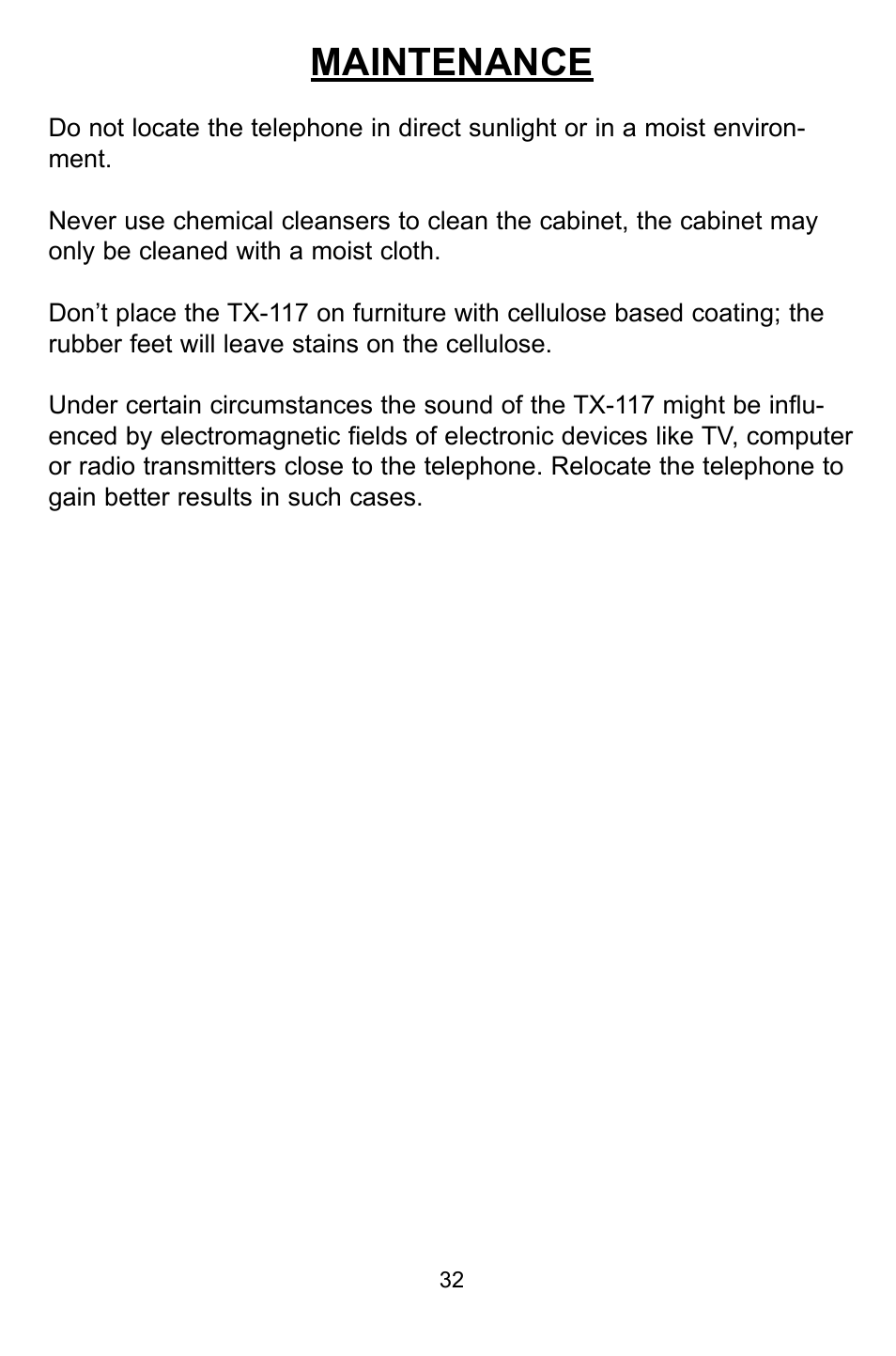 Maintenance | Profoon Telecommunicatie TX-117 User Manual | Page 32 / 45