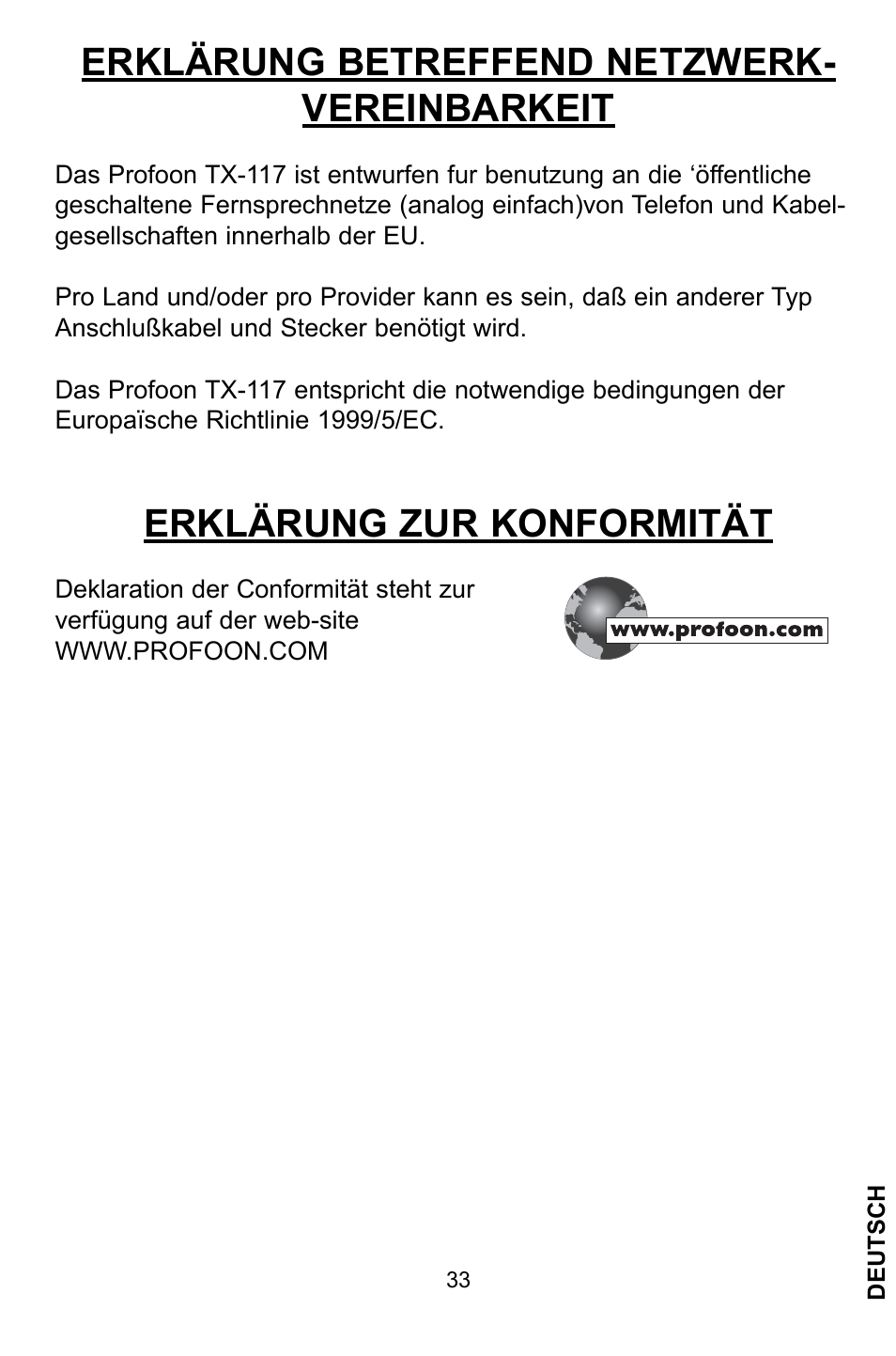 Erklärung betreffend netzwerk- vereinbarkeit, Erklärung zur konformität | Profoon Telecommunicatie TX-117 User Manual | Page 33 / 45