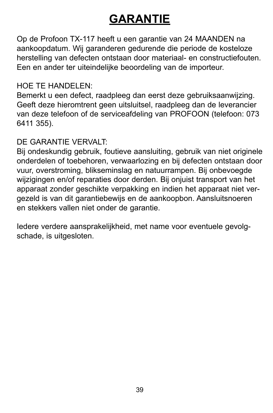 Garantie | Profoon Telecommunicatie TX-117 User Manual | Page 39 / 45