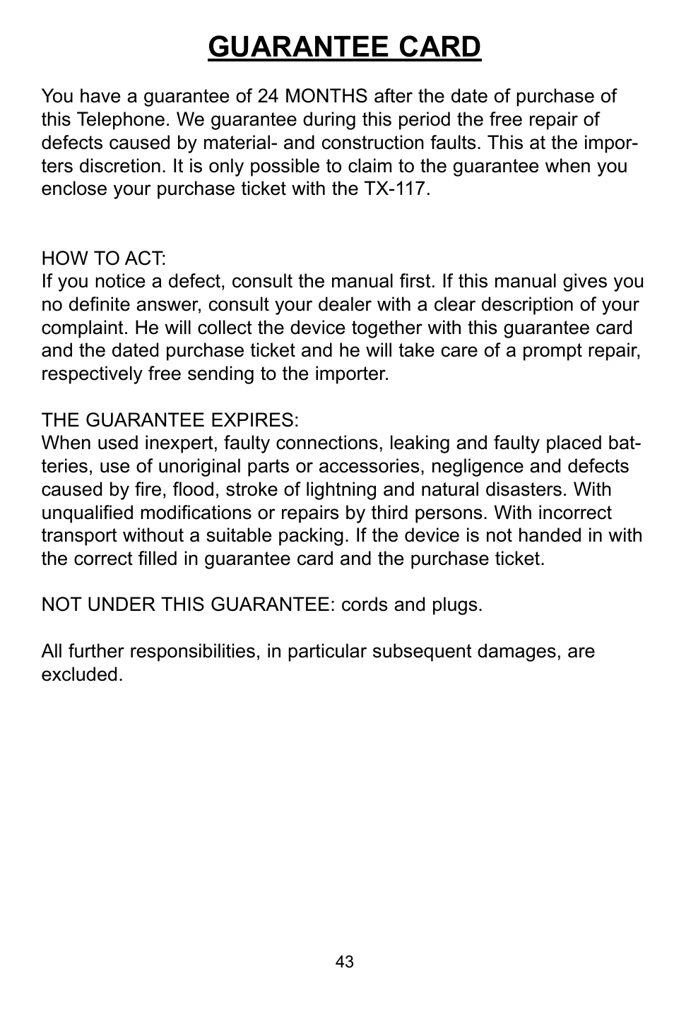 Guarantee card | Profoon Telecommunicatie TX-117 User Manual | Page 43 / 45