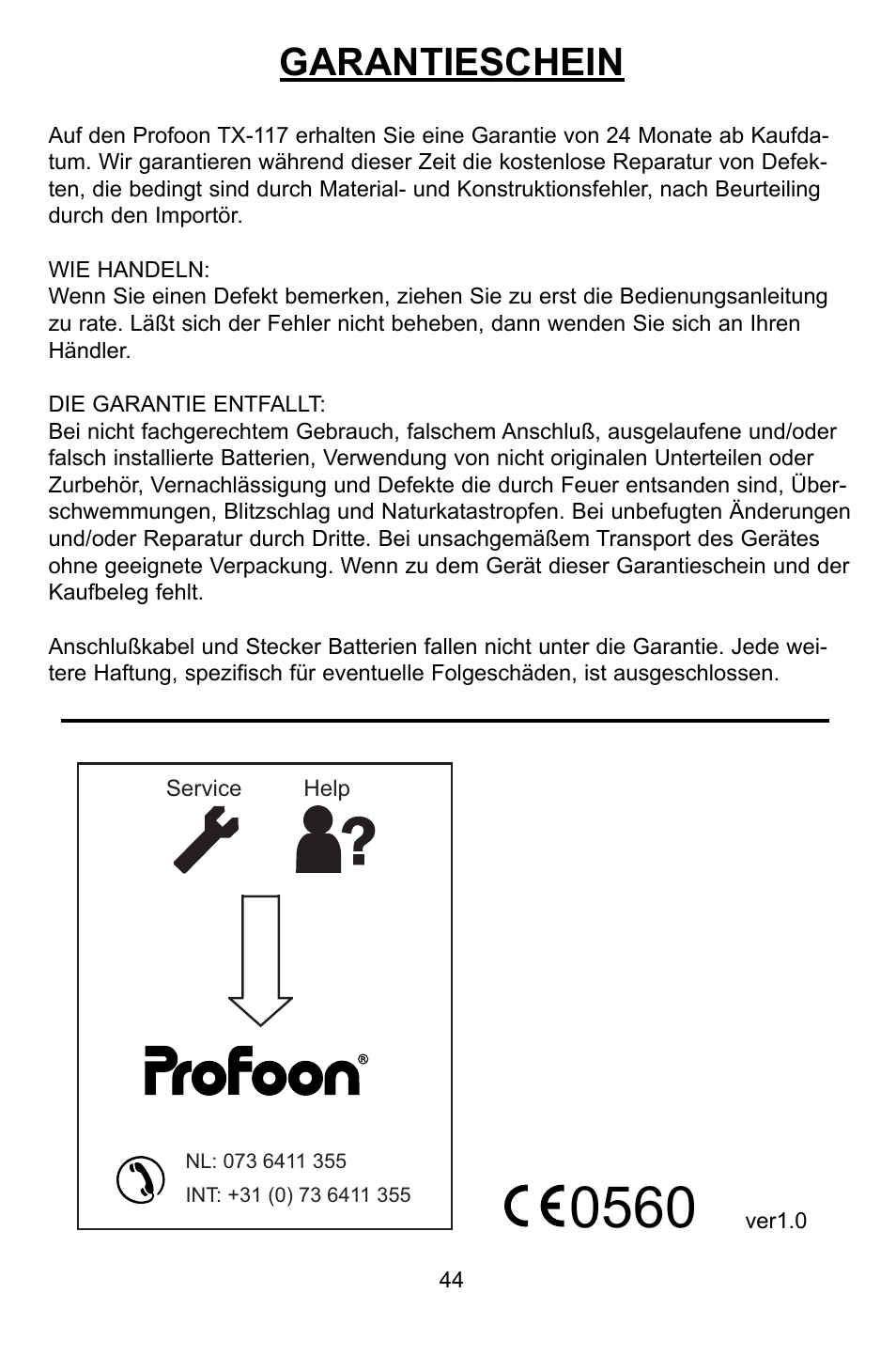 Garantieschein | Profoon Telecommunicatie TX-117 User Manual | Page 44 / 45