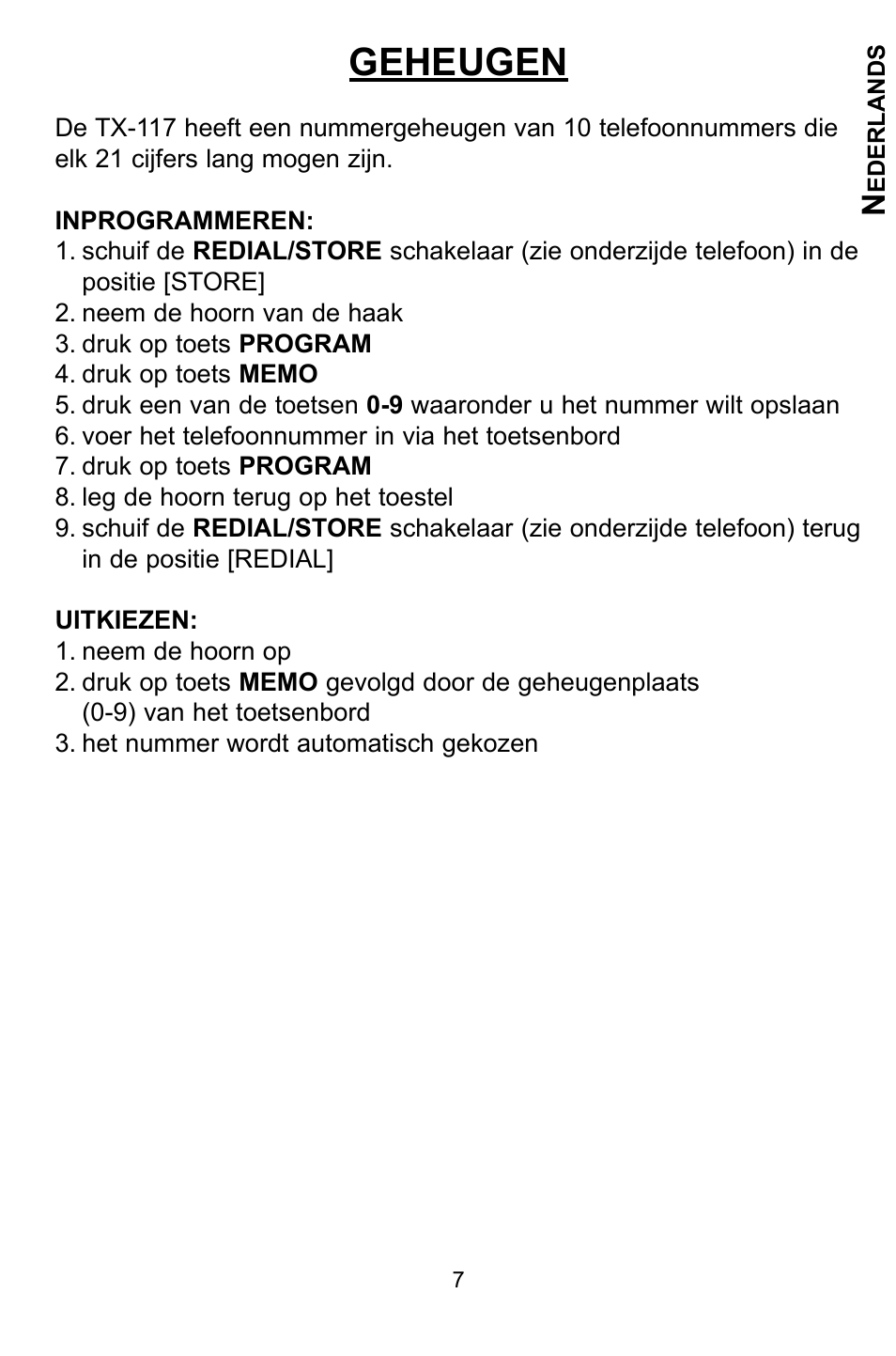 Geheugen | Profoon Telecommunicatie TX-117 User Manual | Page 7 / 45