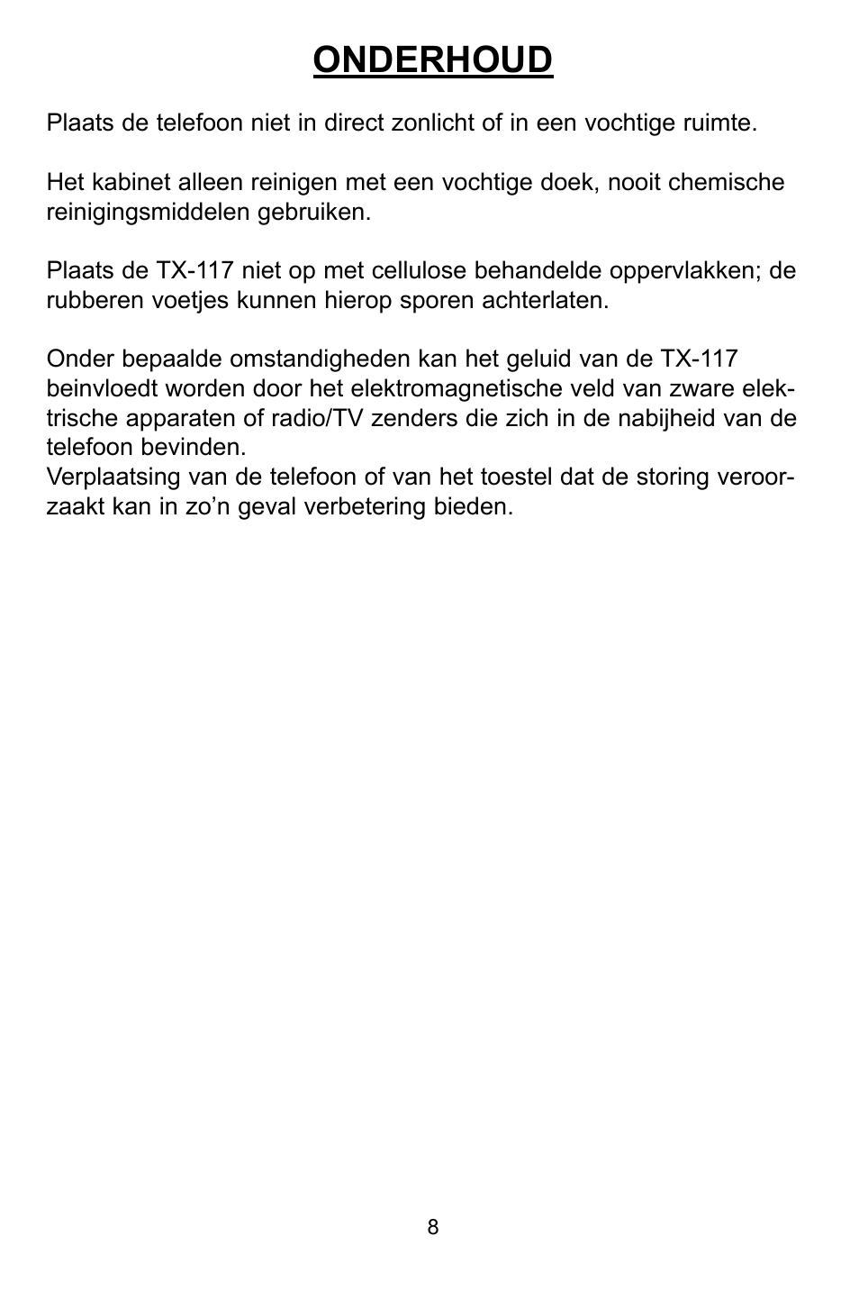 Onderhoud | Profoon Telecommunicatie TX-117 User Manual | Page 8 / 45