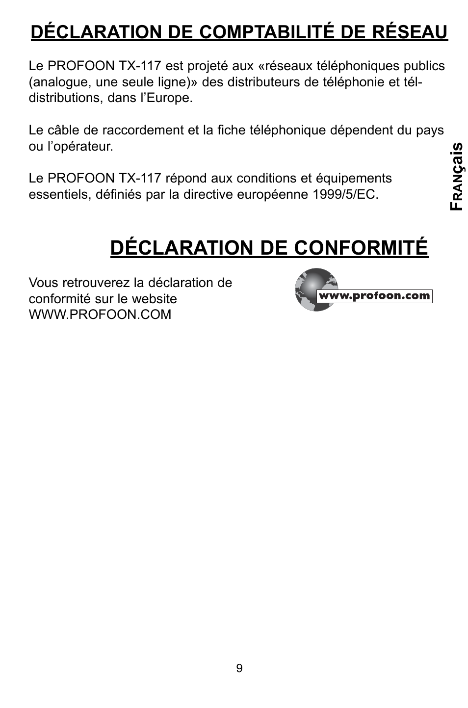 Déclaration de conformité, Déclaration de comptabilité de réseau, Çais | Profoon Telecommunicatie TX-117 User Manual | Page 9 / 45