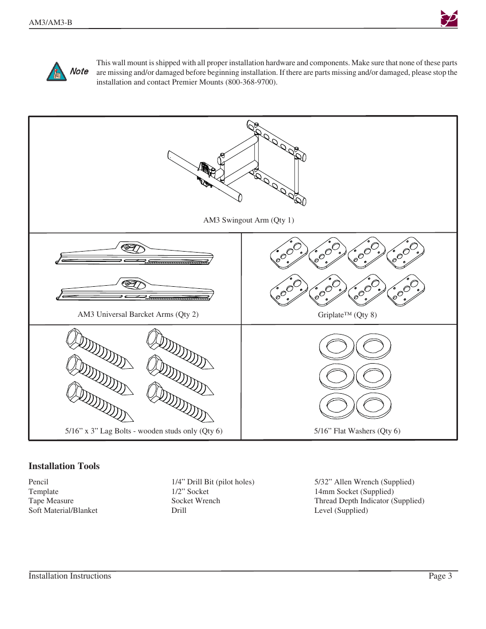 Premier Mounts AM3-B User Manual | Page 3 / 15