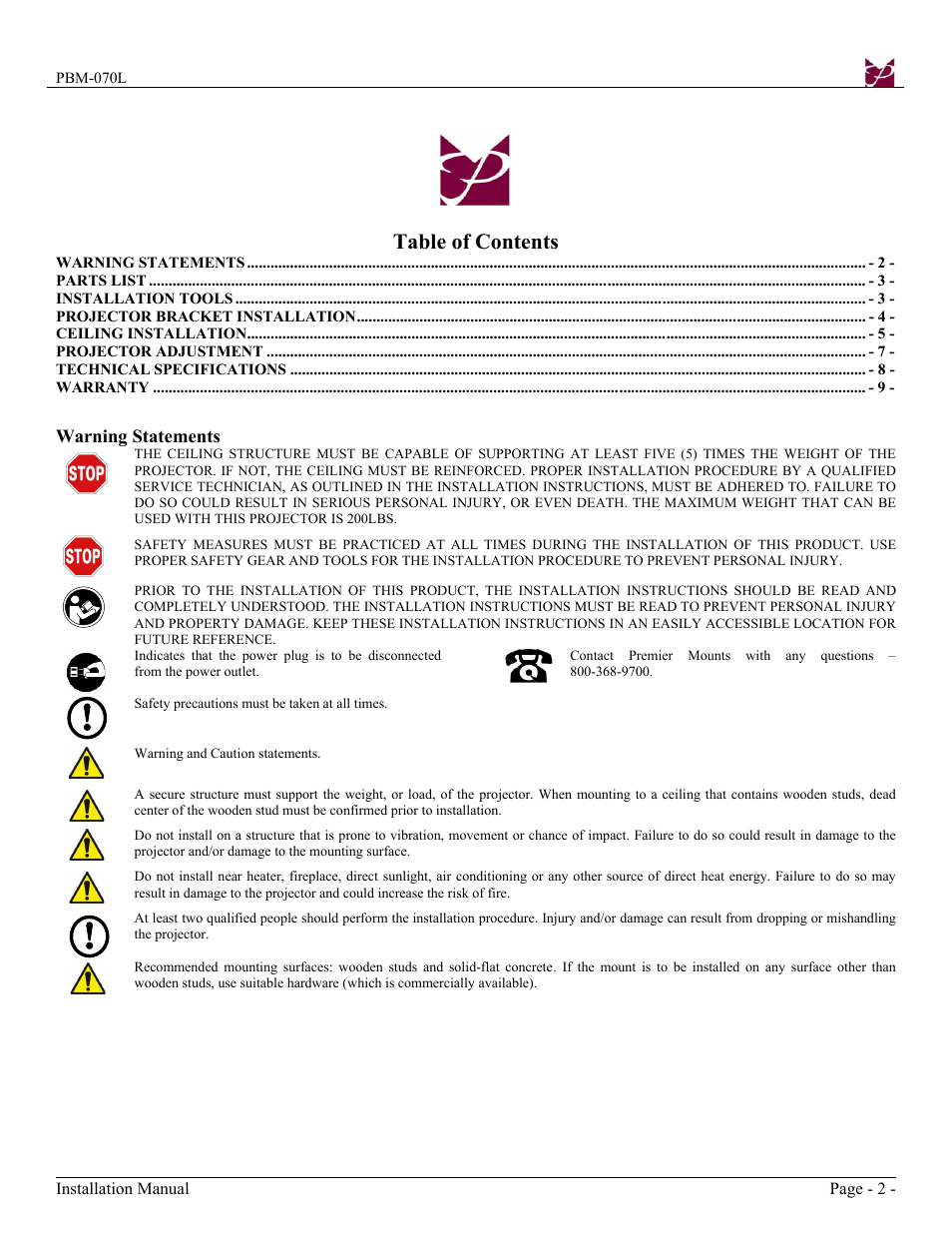 Premier Mounts PBM-070L User Manual | Page 2 / 9