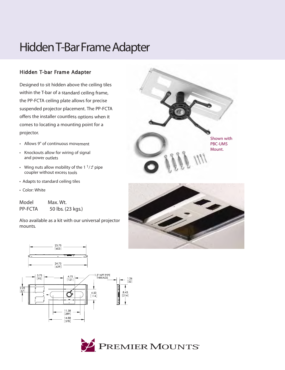 Premier Mounts Hidden T-bar Frame Adapter PP-FCTA User Manual | 2 pages