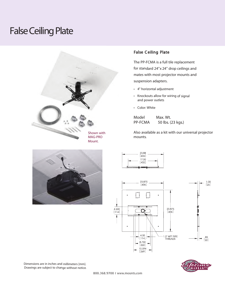 False ceiling plate | Premier Mounts Hidden T-bar Frame Adapter PP-FCTA User Manual | Page 2 / 2