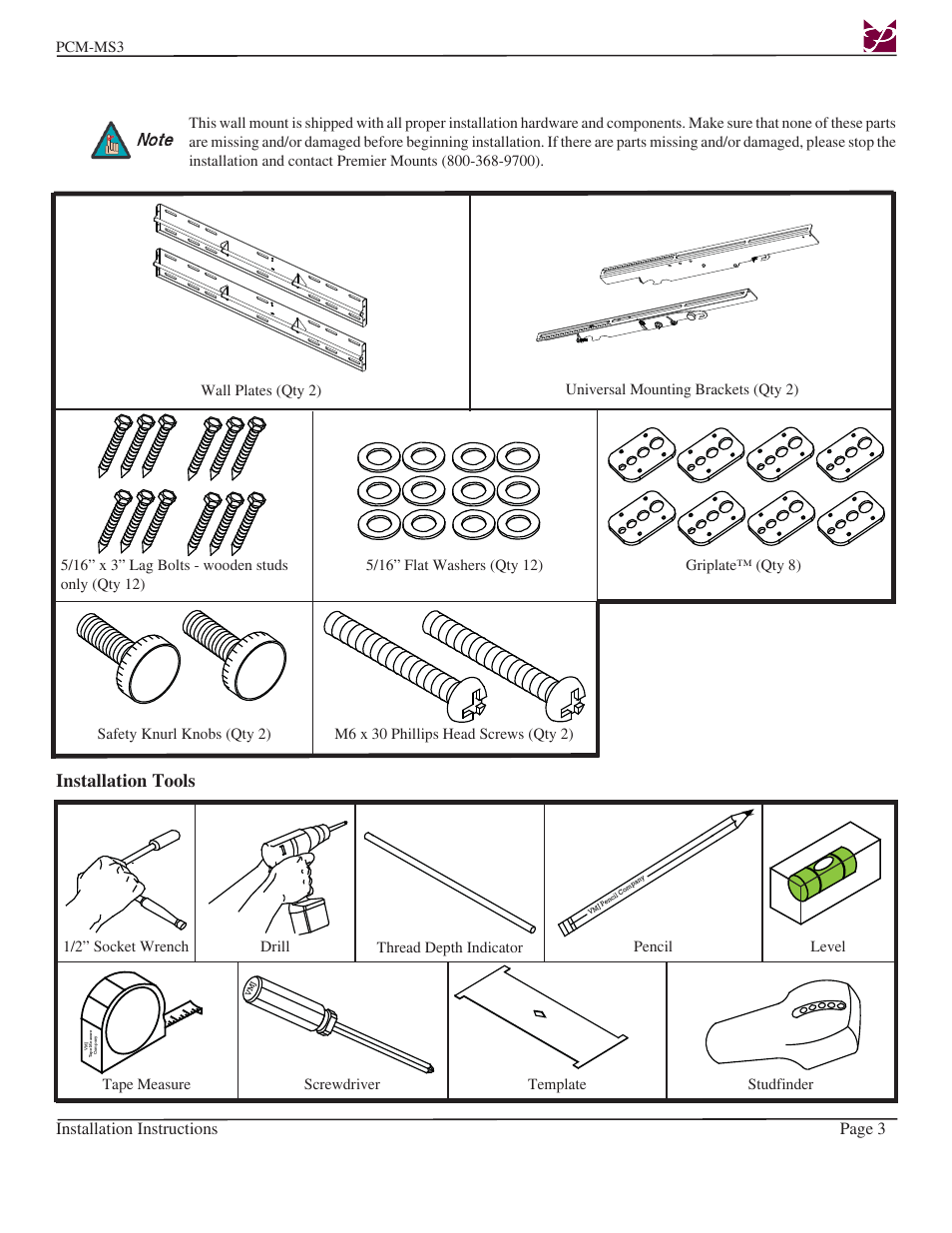 Parts list, Installation tools, Installation instructions page 3 | Premier Mounts PCM-MS3 User Manual | Page 3 / 14