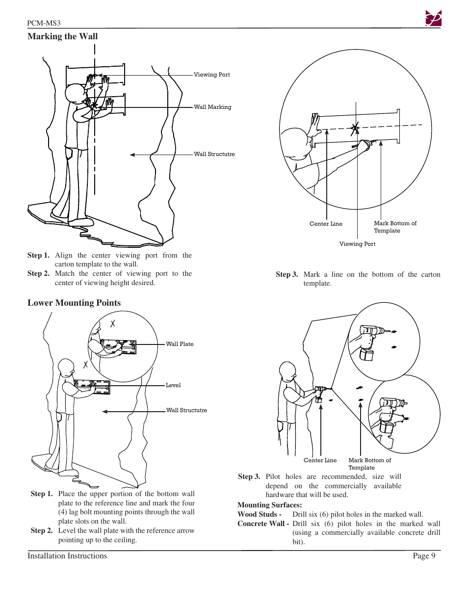 Marking the wall, Lower mounting points | Premier Mounts PCM-MS3 User Manual | Page 9 / 14
