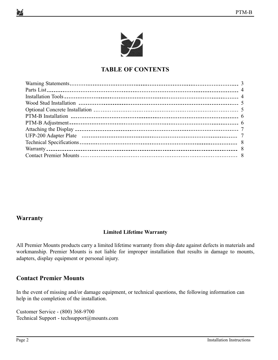 Premier Mounts PTM-B User Manual | Page 2 / 8