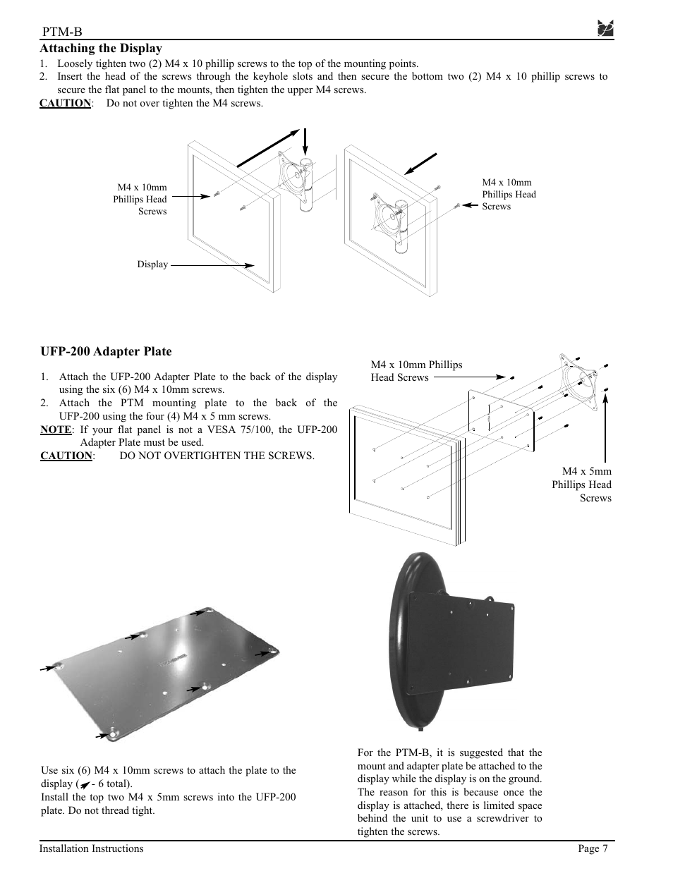 Ptm-b, Ufp-200 adapter plate, Attaching the display | Premier Mounts PTM-B User Manual | Page 7 / 8