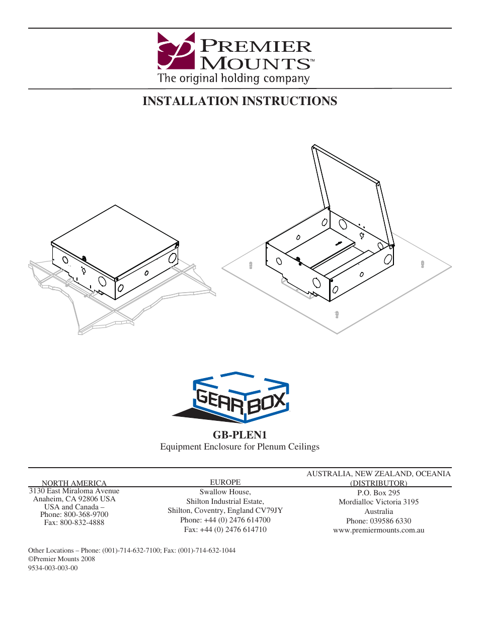 Premier Mounts GearBox Equipment Enclosure GB-PLEN1 User Manual | 10 pages