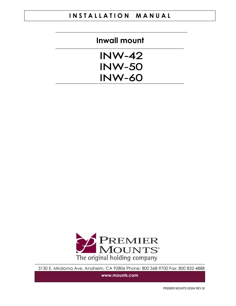 Premier Mounts INW-42 User Manual | 7 pages