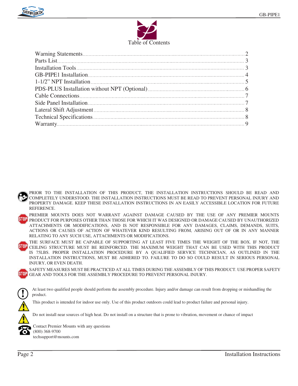 Premier Mounts GB-PIPE1B User Manual | Page 2 / 9