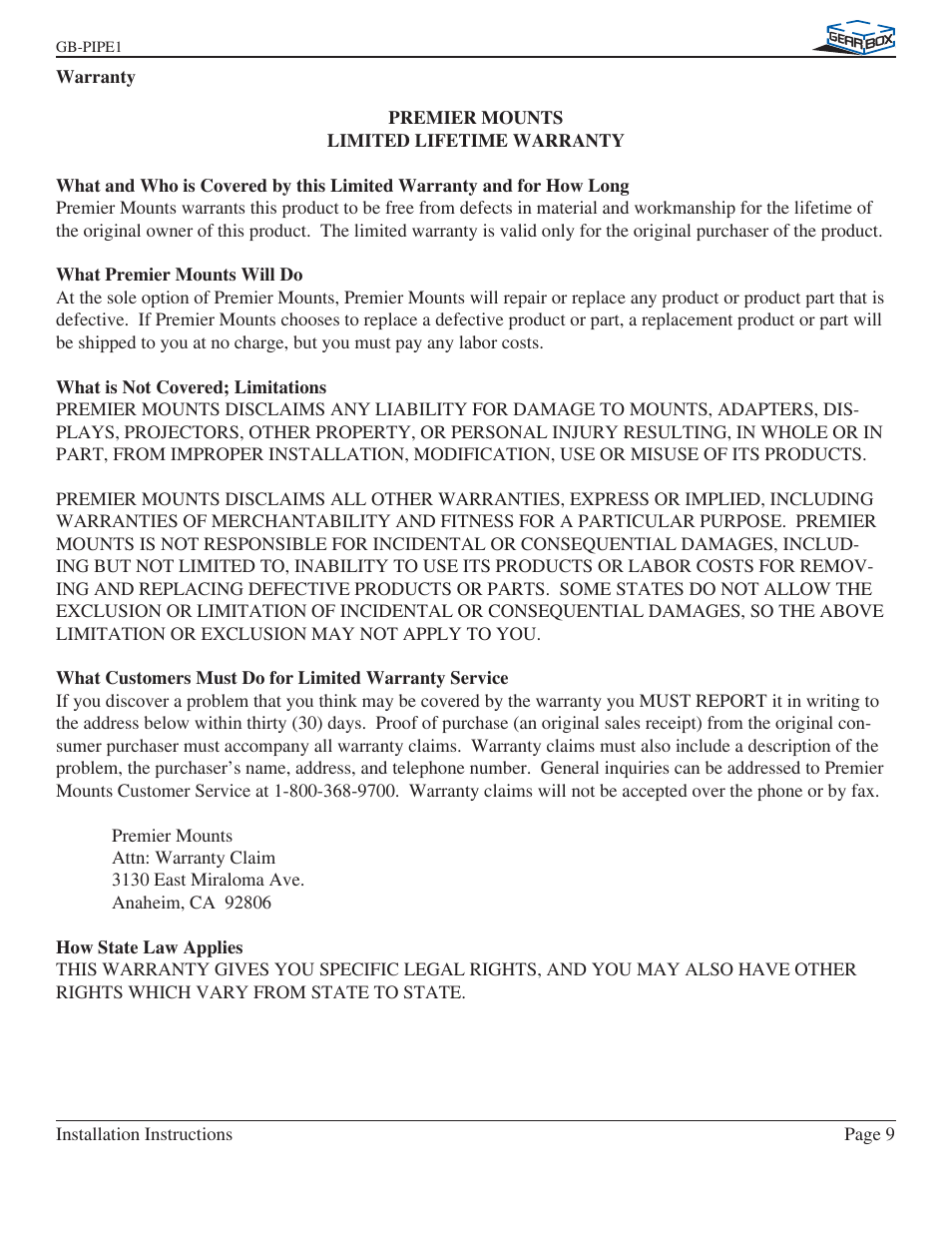 Premier Mounts GB-PIPE1B User Manual | Page 9 / 9